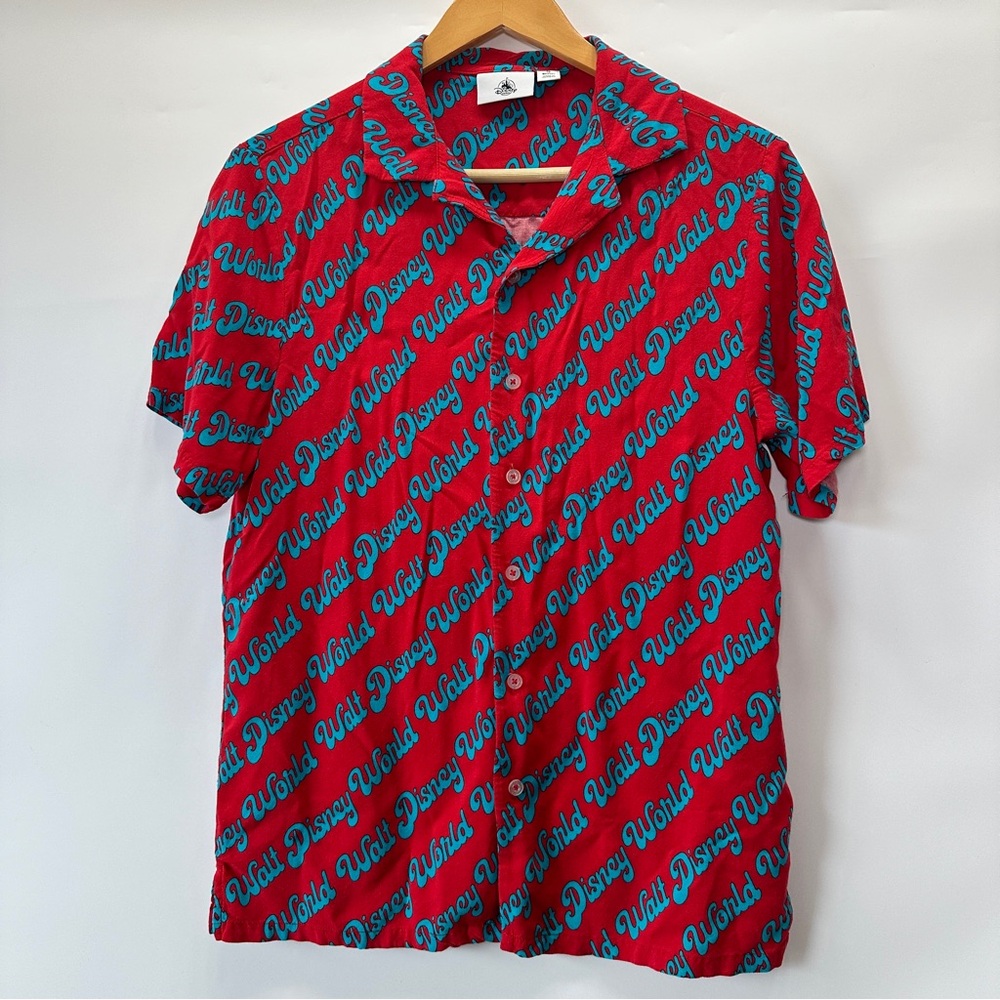 Walt Disney World Retro Button Down Red Blue Hawaiian Style Shirt Mens Small